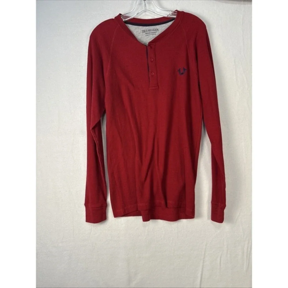 True Religion Men's Small Red Buddha Henley Long Sleeve Thermal Shirt Logo K1221